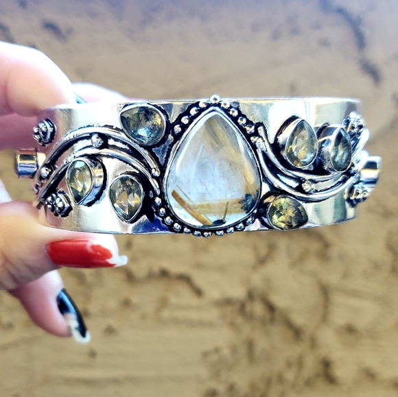 New Golden Rutile and Citrine 925 Silver Cuff Bracelet. - Picture 15 of 16